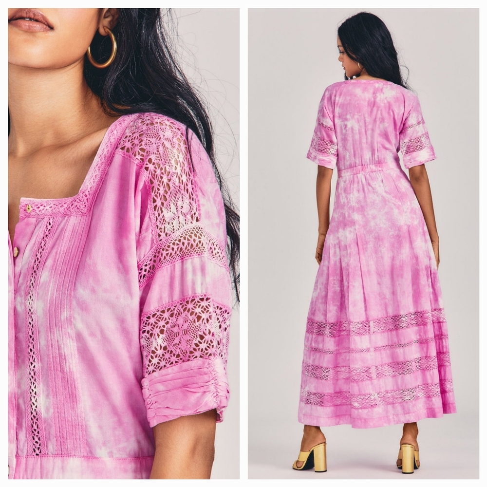 LOVESHACKFANCY Edie Tie Dye Midi Dress in Peony Pink Small NWT - Picture 4 of 9